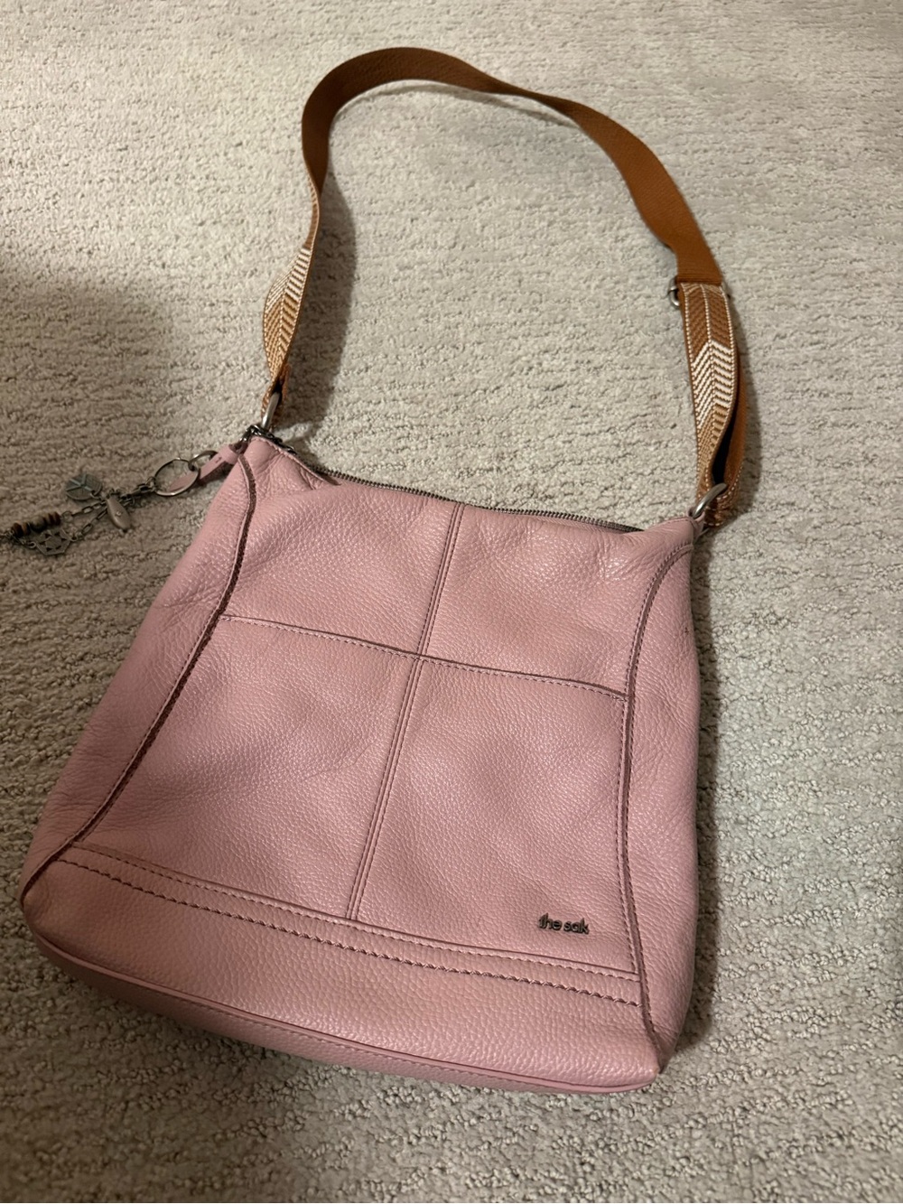 The Sak Pink Pebbled Leather Shoulder Bag with Tan Strap
